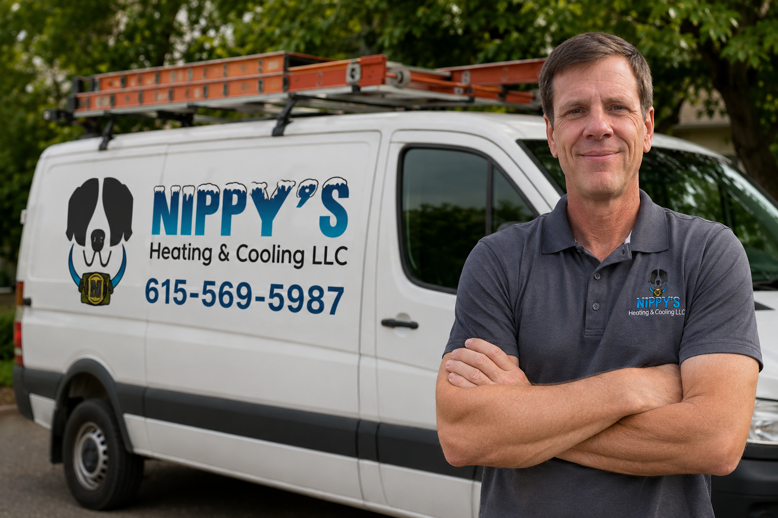 Jeff Hulan, owner of Nippy's Heating & Cooling, standing in front of the service van