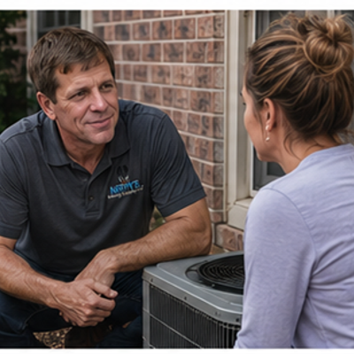 Technician consulting with a woman near an HVAC unit outside a brick house.